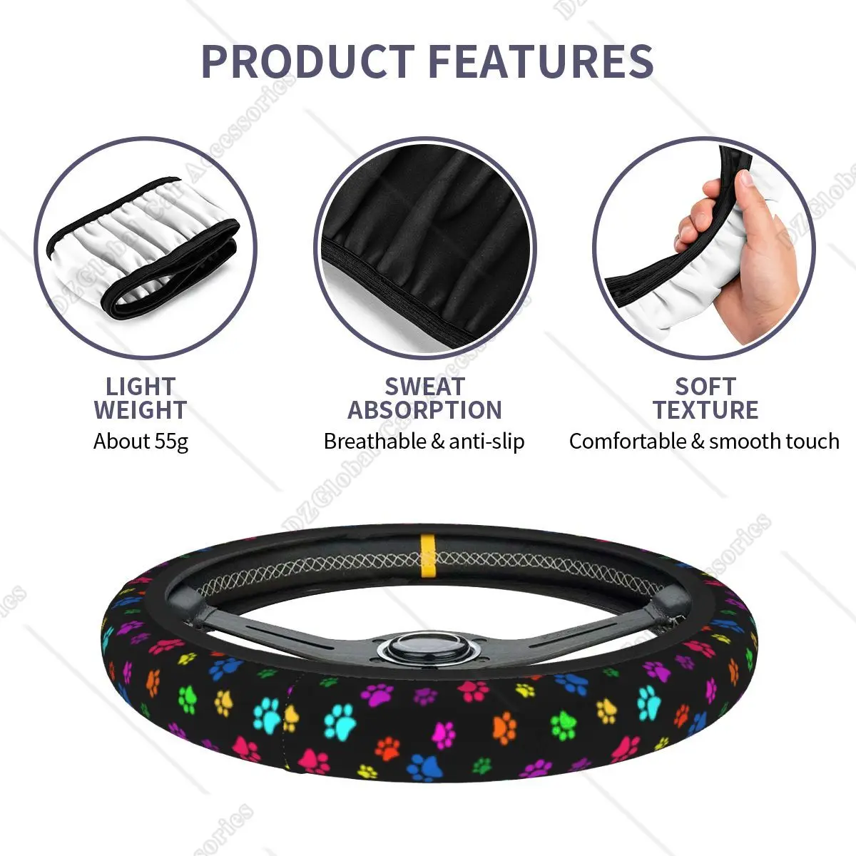 Colorful Dog Paw Prints Steering Wheel Cover Universal 15 Inch Cute Car Accessories Protector for Women Men Girls Gift