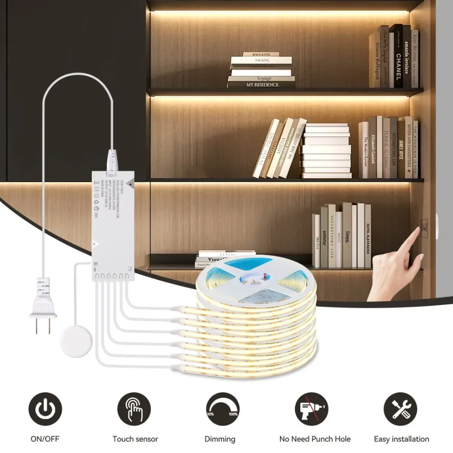 Dimmable Touch Sensor COB LED Strip Light For Walnut Embedded Acoustic Wall Panel Decor Under Cabinet Collection Display Lamp