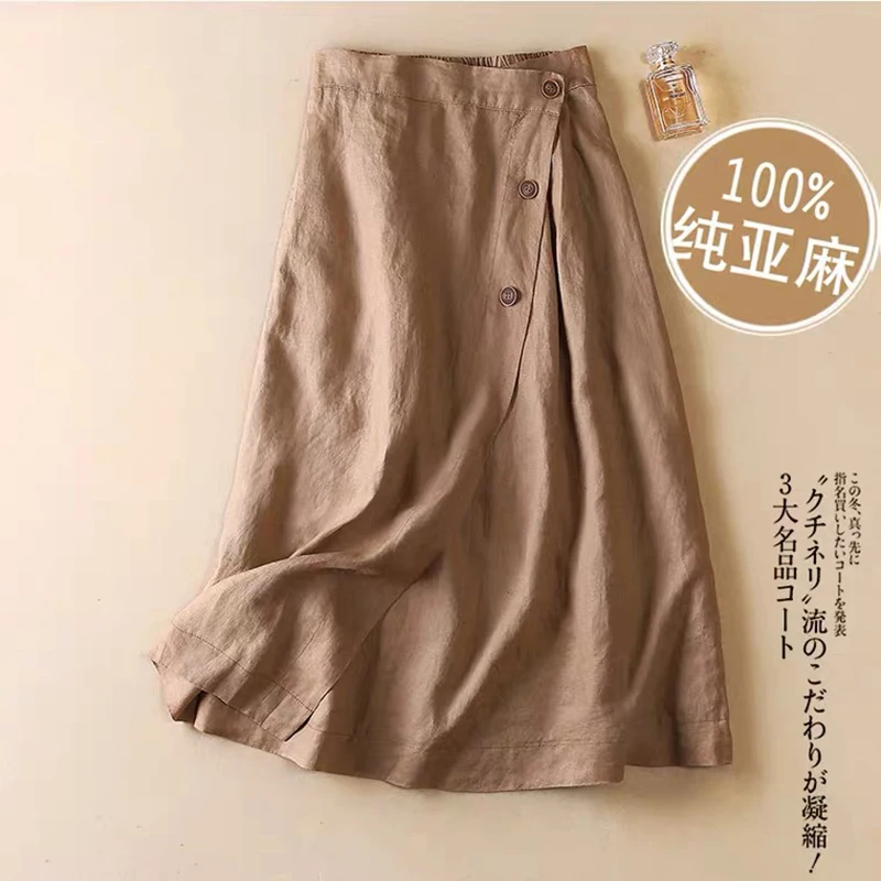 2022 Spring Summer New Arts Style Women High Waist Loose A-line Skirt Button Design All-matched Casual cotton linen Skirts C454