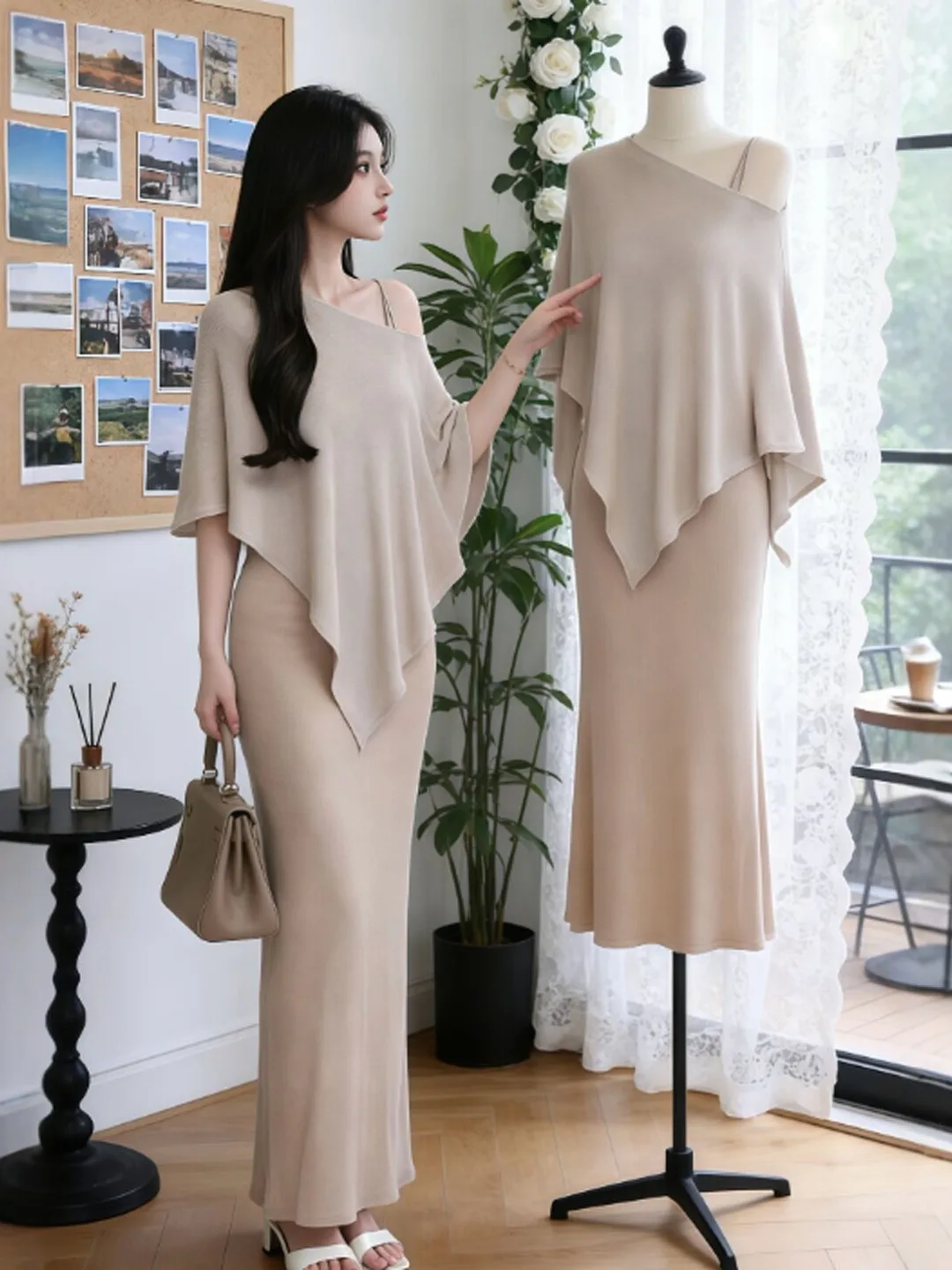 

Elegant Vintage Two-Piece Set with Strap Dress And Shoulder Baring Top Comfortable Long Sleeve Spring Outfit for Women