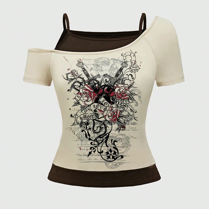

Summer 2025 new false two-piece color-matched halter top short-sleeved personalized printed T-shirt, women's top