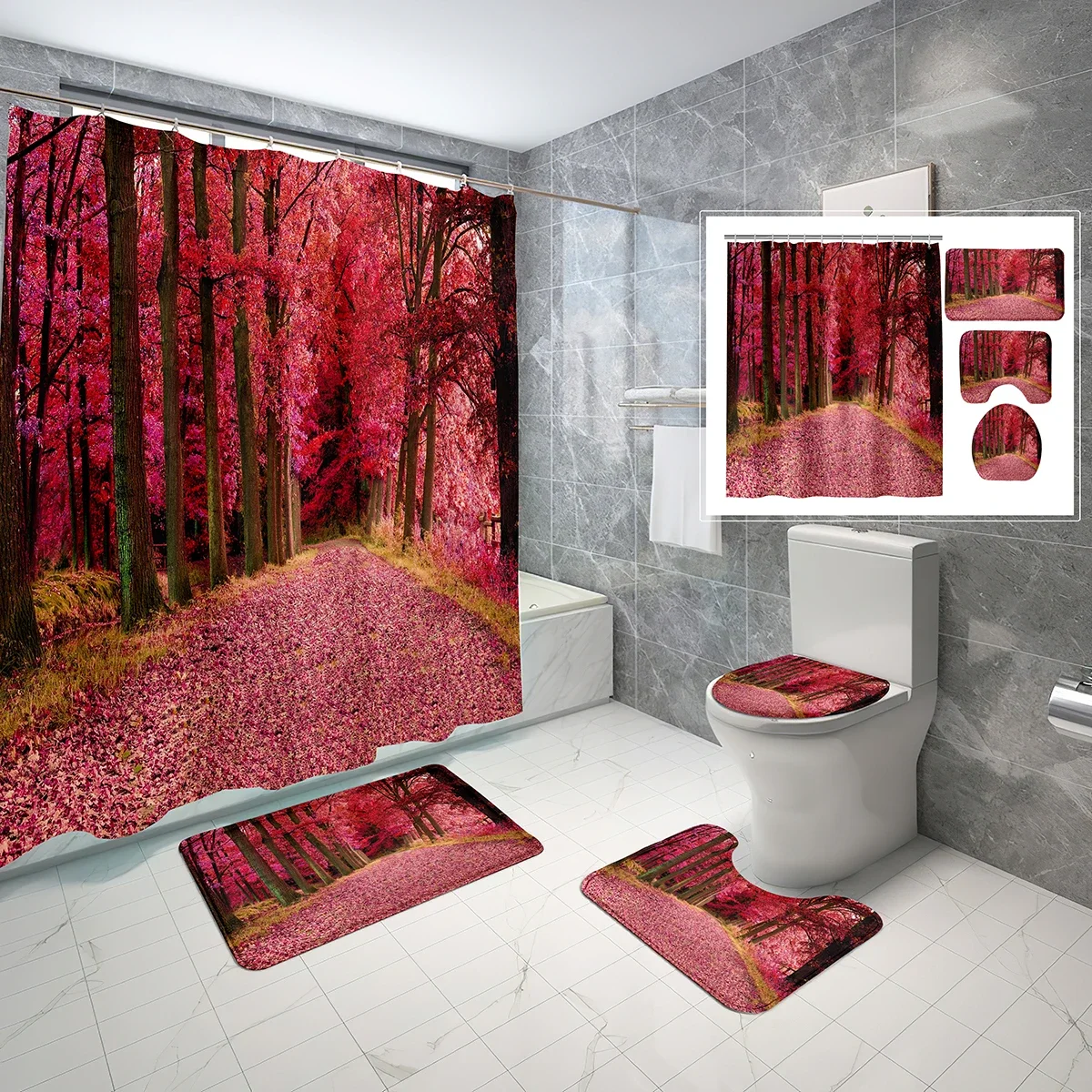 

Наборы занавесок для душа «Лес», 4 шт., с нескользящими ковриками, ковриком для крышки унитаза, осенняя тропа листва, розовые деревья, водонепроницаемый набор занавесок для душа
