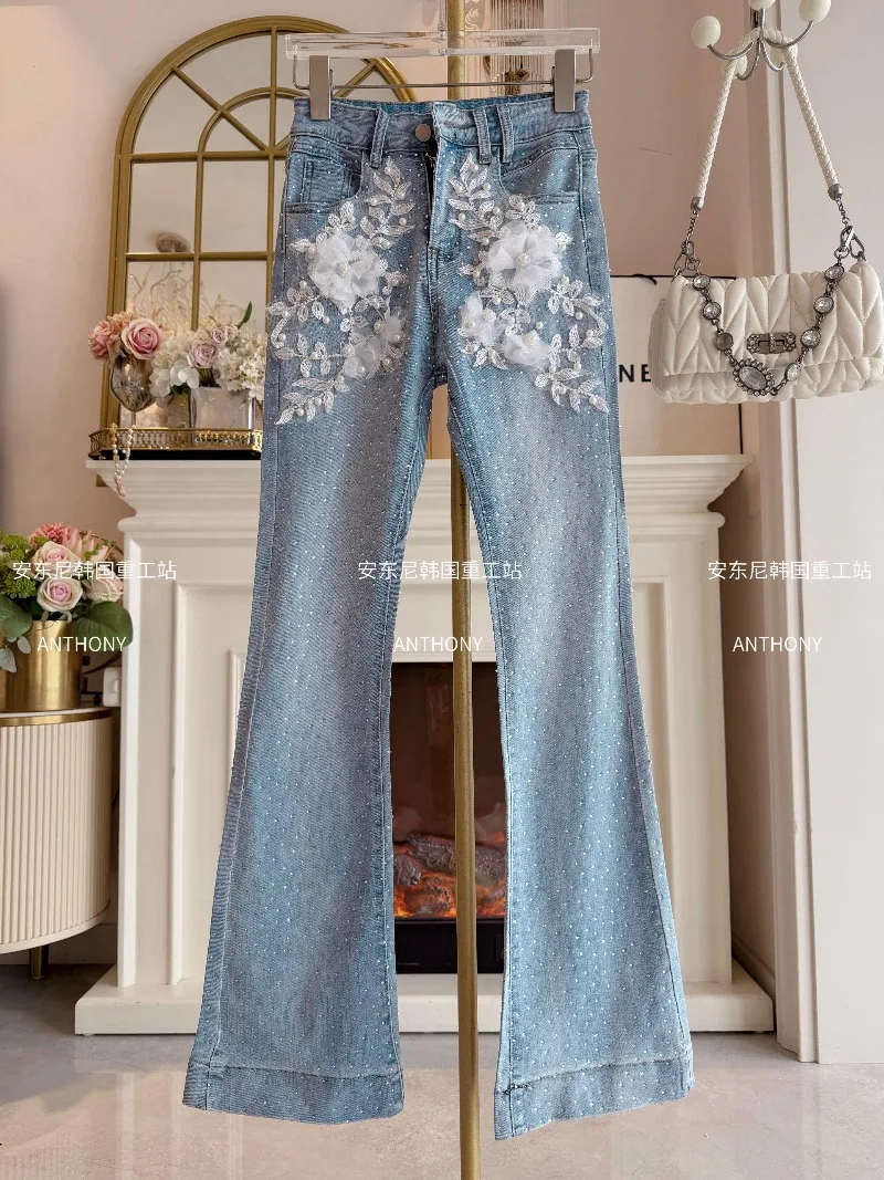 

Spring 2026 New Three-dimensional Petal Bead Rhinestone Jeans Women Korean Ins Trend High Waist Slim Blue Micro-flared Pants