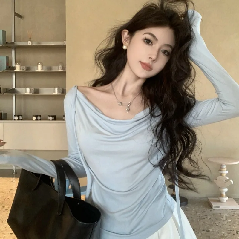 Sweet Gentle Style Long Sleeve T-Shirt Women's Comfortable Neck Swinging Sash Top Age Reducing Slimming Autumn New Arrival