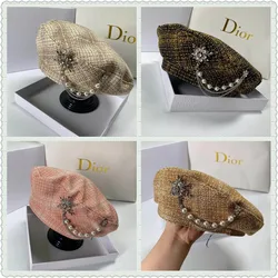 Luxury Designer Plaid Boucle Flat Beret Cap with Removal Brooch Women Ivy Irish Rhinestones Chain Embellished Painter Hats