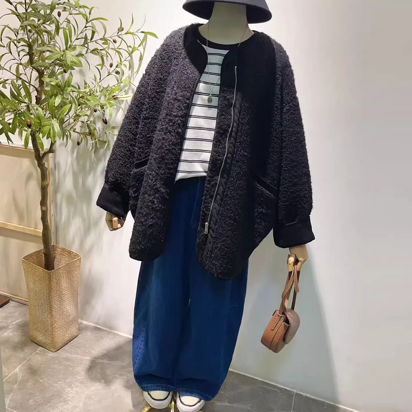 2025 female new autumn and winter plus size korean style thick and warm composite loose imitation lamb wool coat