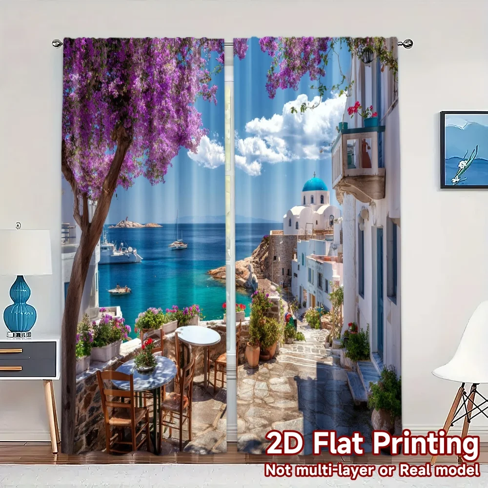 2pcs, 2D FLAT PRINTING Curtains (Without Rod) Santorini Bliss Print Modern Curtains Polyester Curtains Festive Suitable for