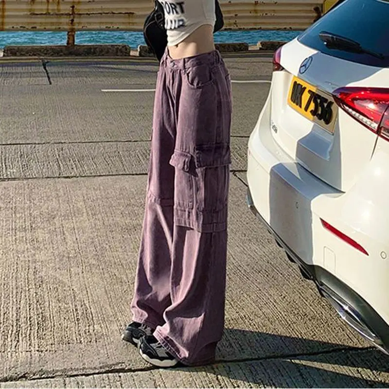 High Street Pockets Spliced Loose Trousers Female Clothing High Waist Cargo Pants American Wide Leg Safari Style Casual Jeans