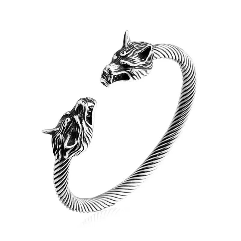 

Europe New Vikings Two Wolf Heads Stainl Steel Bracelet for Men Retro Simplicity Fashion Domineering