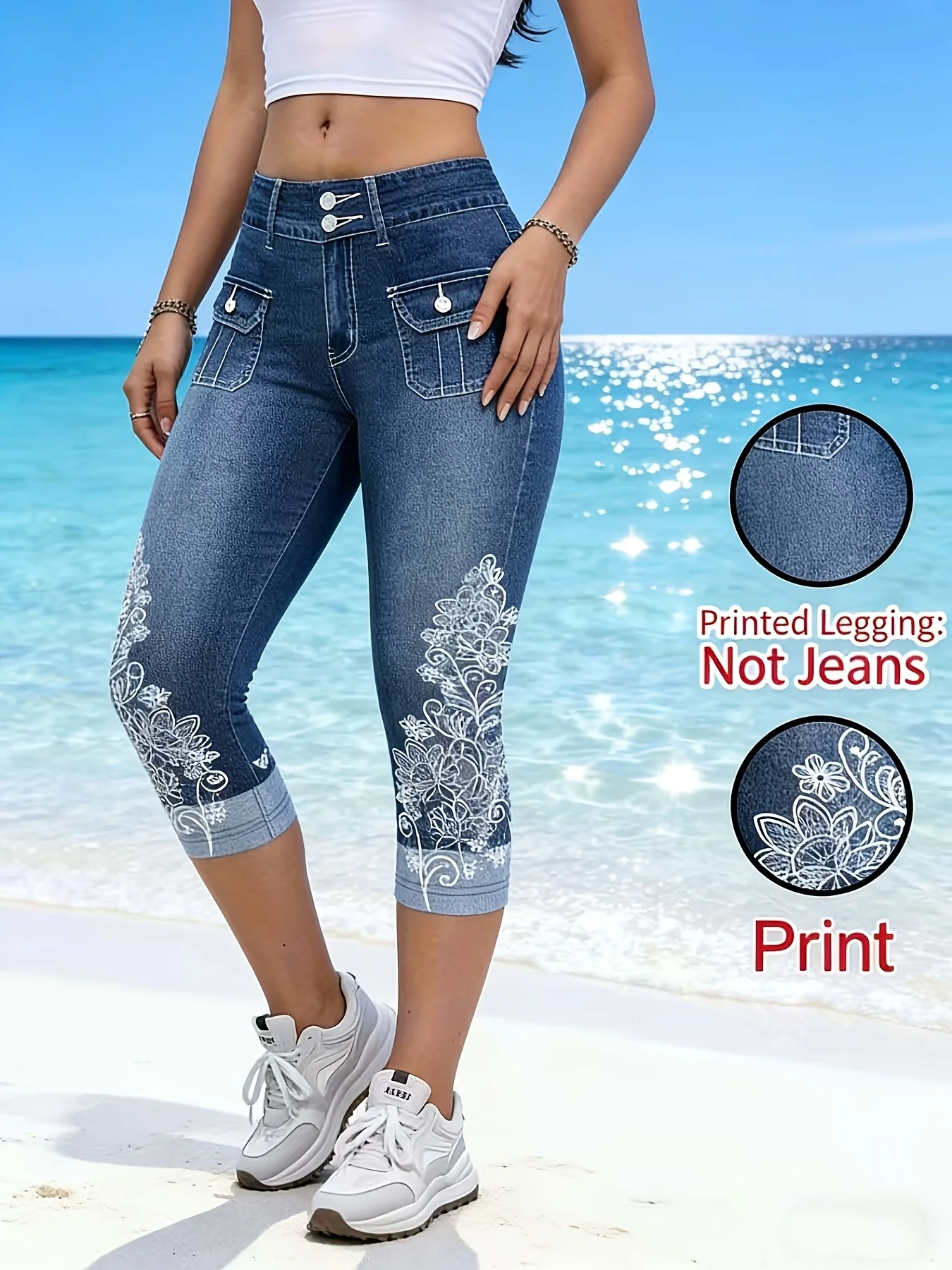 Women's Fashion Printed Faux Denim Capri Leggings, Blue Versatile High Elastic Casual Sports Cropped Pants
