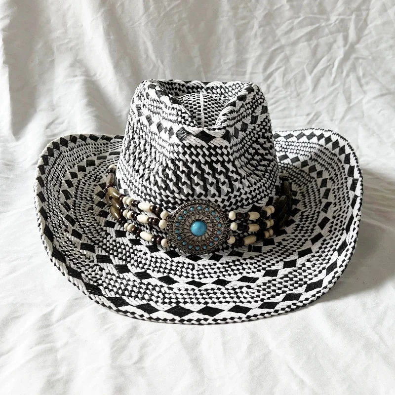sombreros-de-paja-hechos-a-mano-en-dos-tonos-sombreros-de-paja-estilo-vaquero-occidental-Etnicos-Unicos-sombreros-de-playa-tejidos-en-dos-tonos-blanco-y-negro