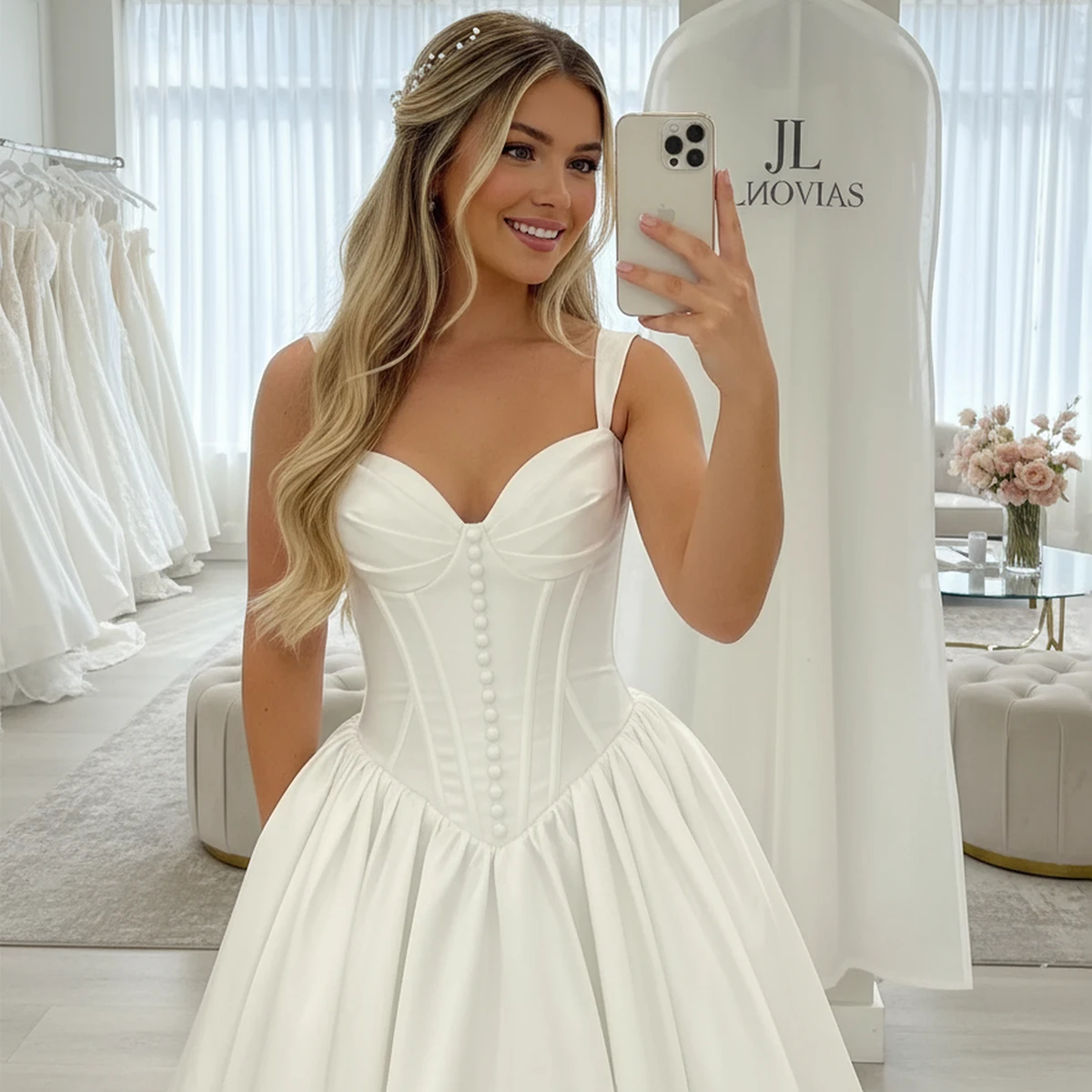 ビーチドレス ノビア Vネック プリーツ ウェディングドレス ロング サテン ボールガウン 花嫁用 ボタン Aライン パフスリーブ ブライダルパーティガウン 女性用