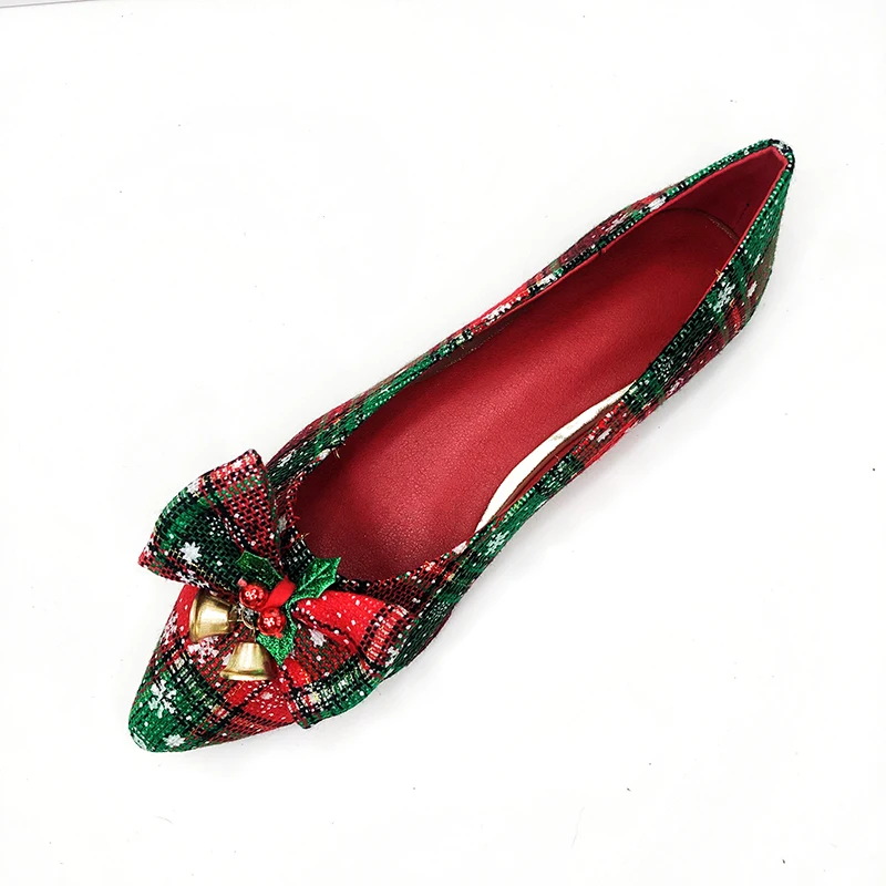 2022 Winter Christmas Shoes Girl\'s Flats with Tinkle Bells Holiday Shoes Red Plaid Women Shoes Size 33-44 Slip on Easy to Wear