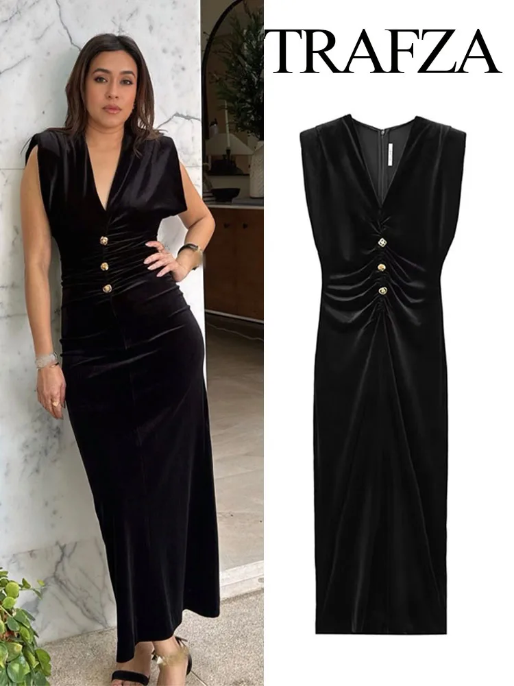 TRAFZA Summer Fashion Women Long Dresses Black V-Neck Sleeveless Single Breasted Decoration Zipper Female Slim Velvet Dress