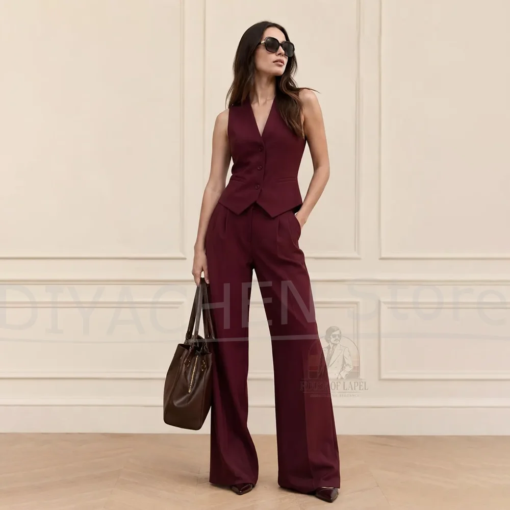 Elegant Lady Burgundy 3 Piece Pants Suit Notched Lapel Blazer Vest Trousers For Formal Business Office Wedding Women Tuxedo