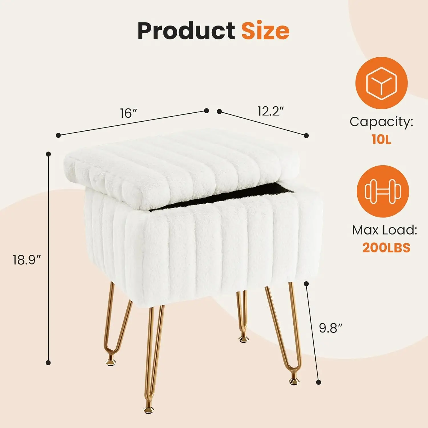 White Storage Vanity Stool, Faux-Fur Soft Padded Ottoman, 4 Metal Legs with Anti-Slip Adjustable Feet, Modern Cute Footrest for Entryways & Bedrooms view 3