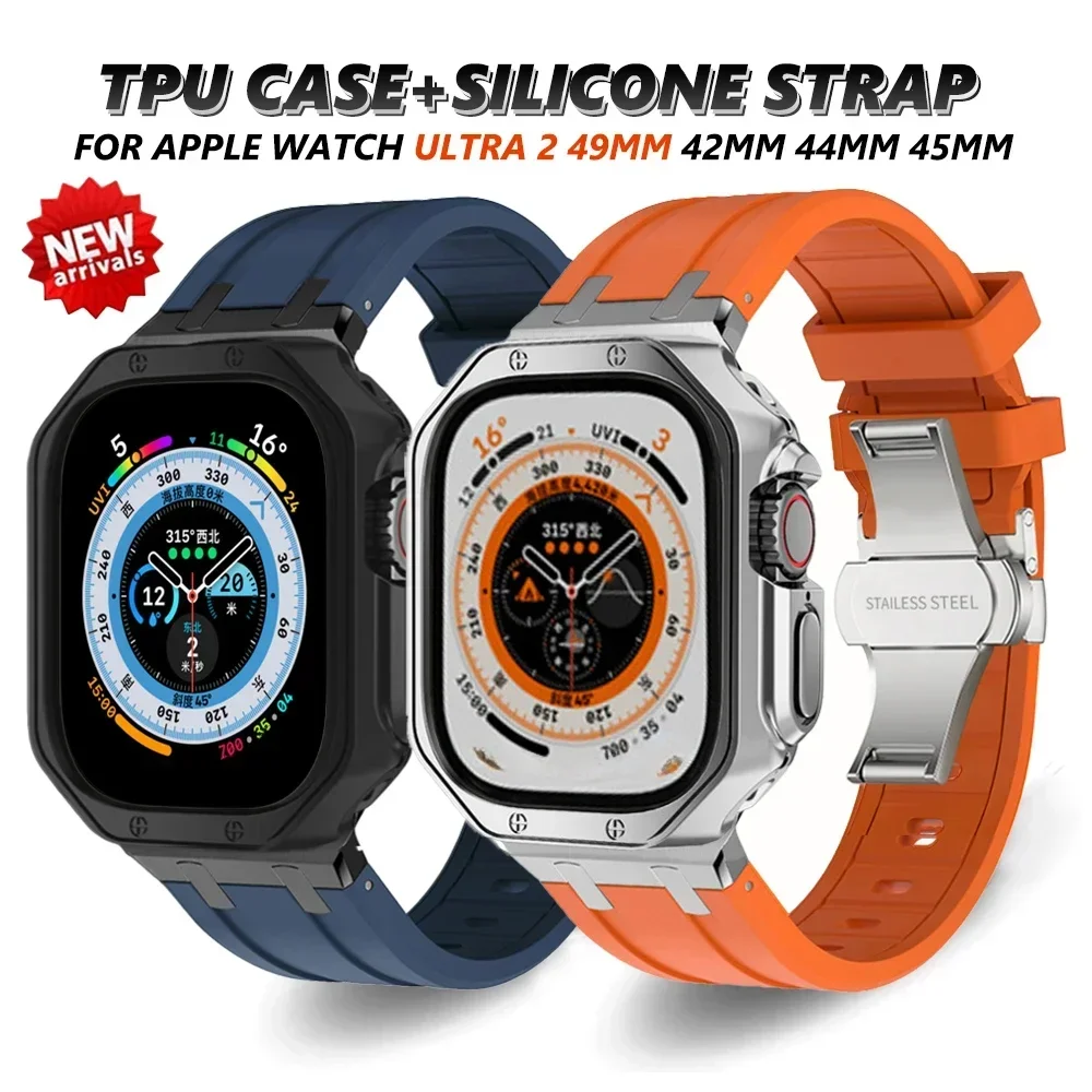 

Sports Mod Kit Glossy TPU Case AP Silicone Band for Apple Watch Ultra 2 49mm iWatch 9 8 7 6 5 4 44/45mm Modificarion Cover Strap