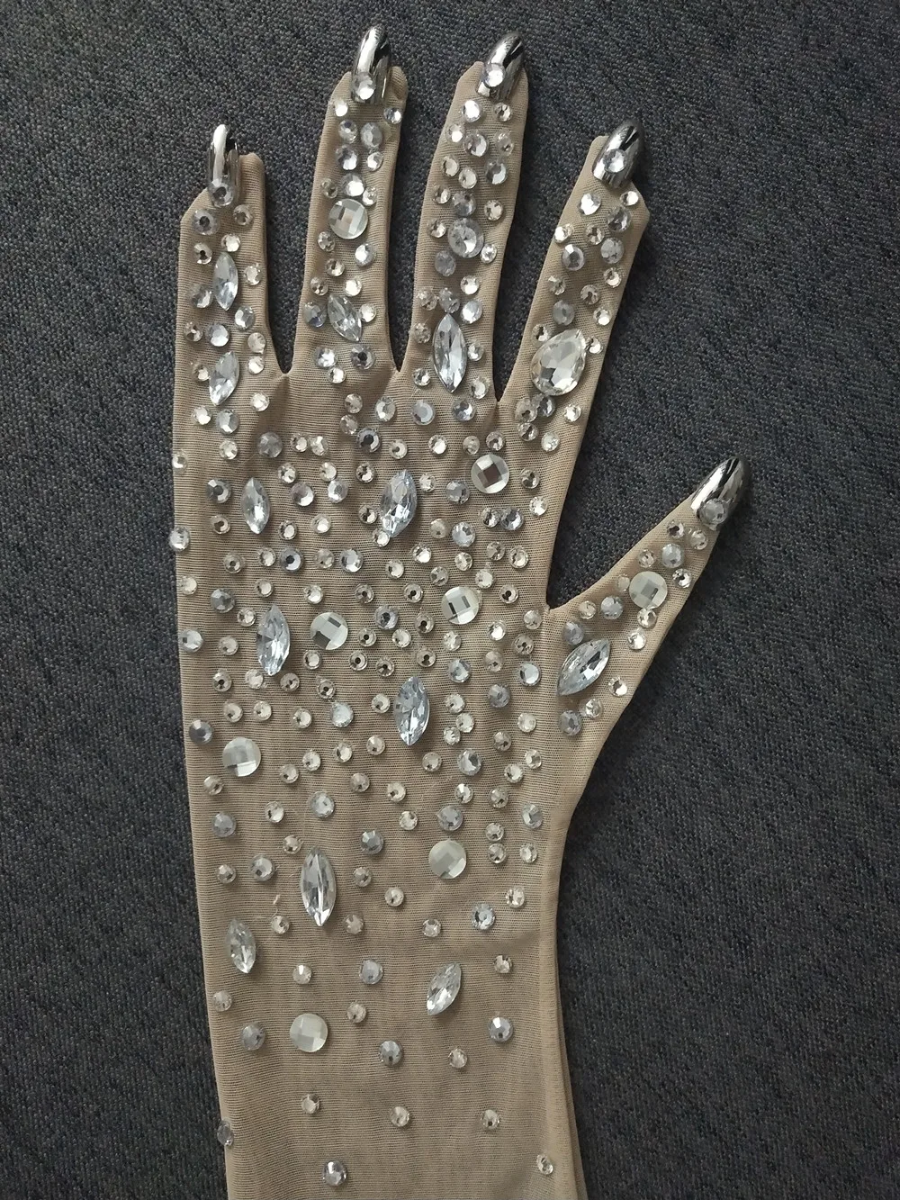 Silver Rhinestones Stretch Transparent White Gloves Bar Singer Ornament Crystals Stones Long Mittens Party Stage Accessories