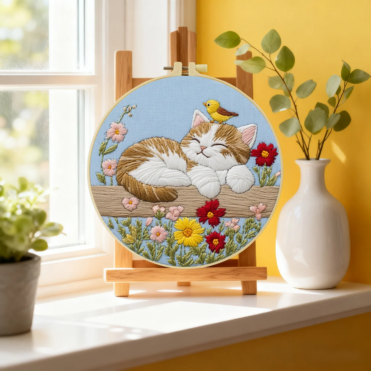 1 Stück 20X20CM/15X15CM 7,87/6,3 Zoll Die kleine Katze im Garten Taschen-Stickerei-Starter-Kit DIY-Kit DIY-Stickerei-Set Handarbeiten – Detail 2