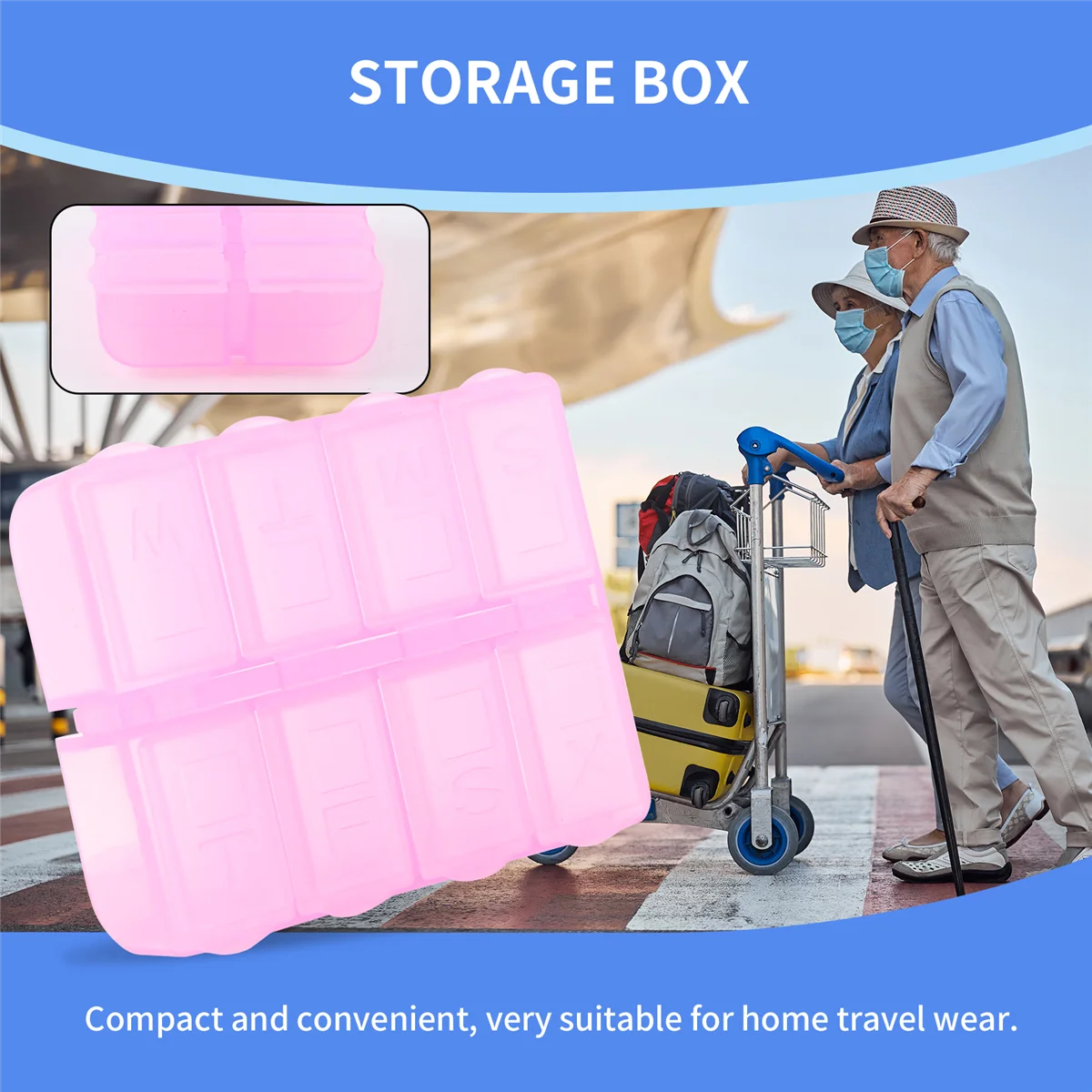 علبة حبوب دواء مستطيلة من البلاستيك ABAH مكونة من 8 أقسام لمدة 7 أيام باللون الوردي