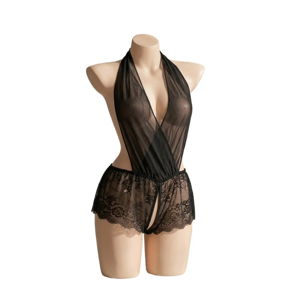 Women's  Lingerie One-Piece Sheer Mesh Bodysuit with Lace Trim Deep V Neck Backless Nightwear for Honeymoon Wedding Night