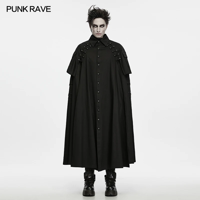 PUNK RAVE Gothic Ruins Era Strap Loose Long Silhouette Cloak Symmetrical Design Rivet Straps Hard Texture Coat