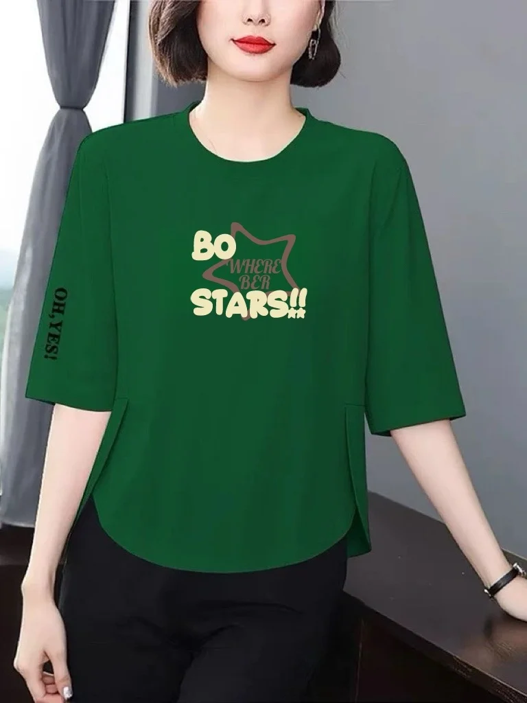 

Женская футболка свободного кроя в стиле Mom, больших размеров, скрывающая недостатки фигуры, с буквенным принтом, омолаживающая, универсальная, для среднего возраста