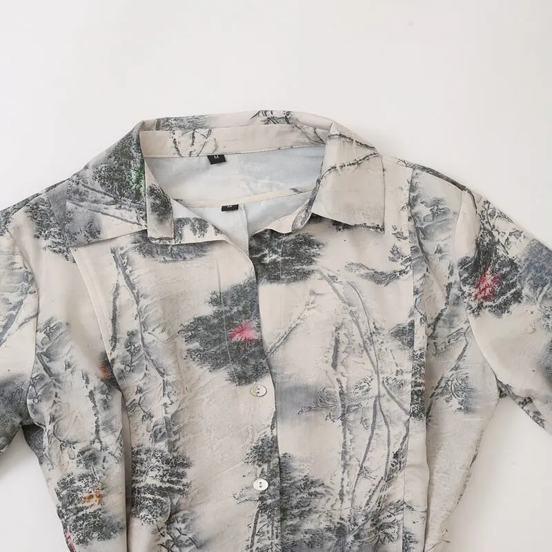 Ele Long Sve  Collar Print irt Dr Women's Spring 2024 New Sle Belted Casual Chic Maxi Dr