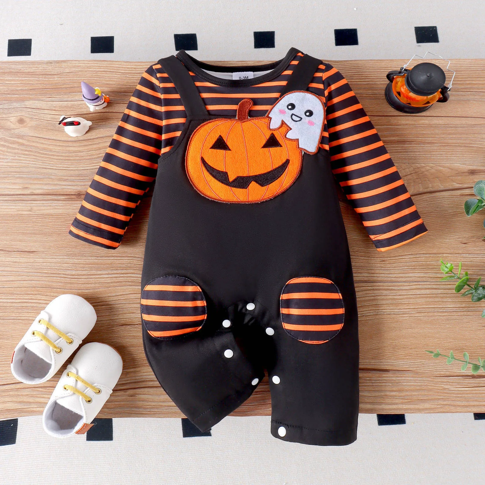 

Baby Halloween Romper Casual Striped Print Embroidery Toddler Long Sleeve Jumpsuit Pajamas For Newborn Girl Boy Cute Clothes