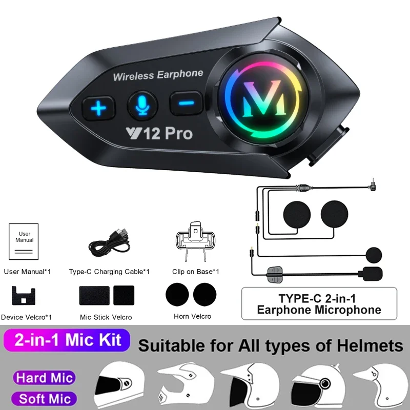 Y10 2X/Y12 pro Motorhelm Bluetooth Headset Intercom met lange batterijduur Intelligente ruisonderdrukking IPX6 Waterdicht