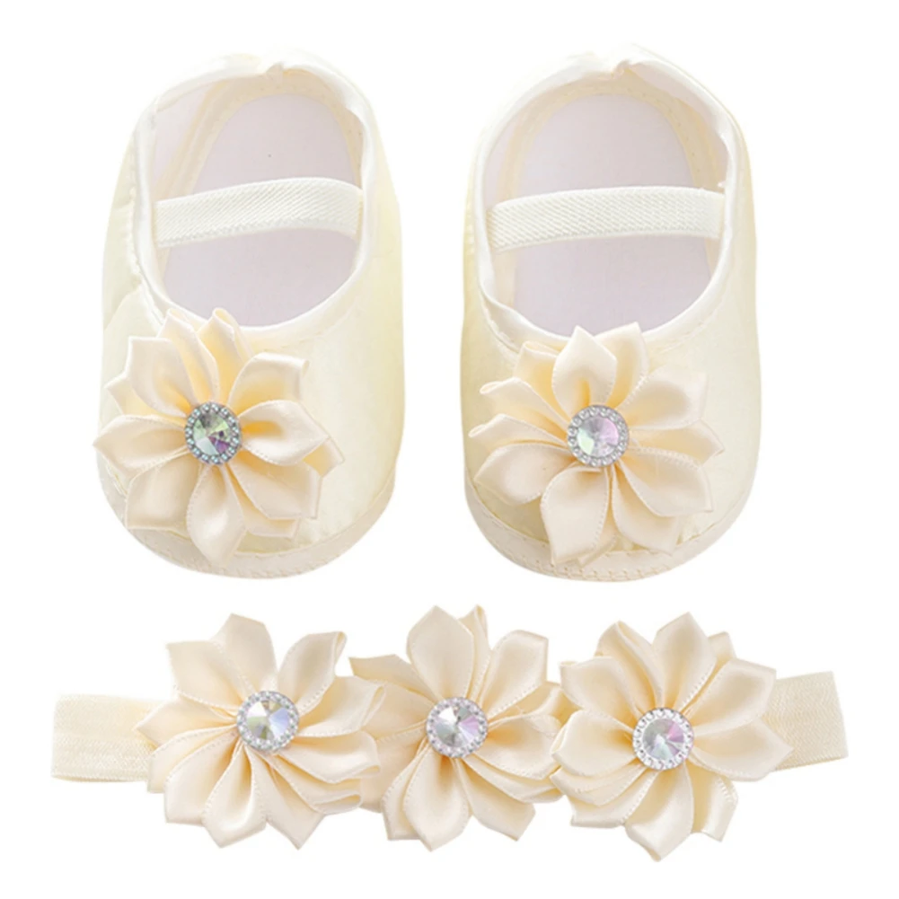 Newborn Baby Girls Flats Shoes with Headband Lovely Princess Shoes Toddler Infant Flower Pearl Cotton Shoes 0-12M