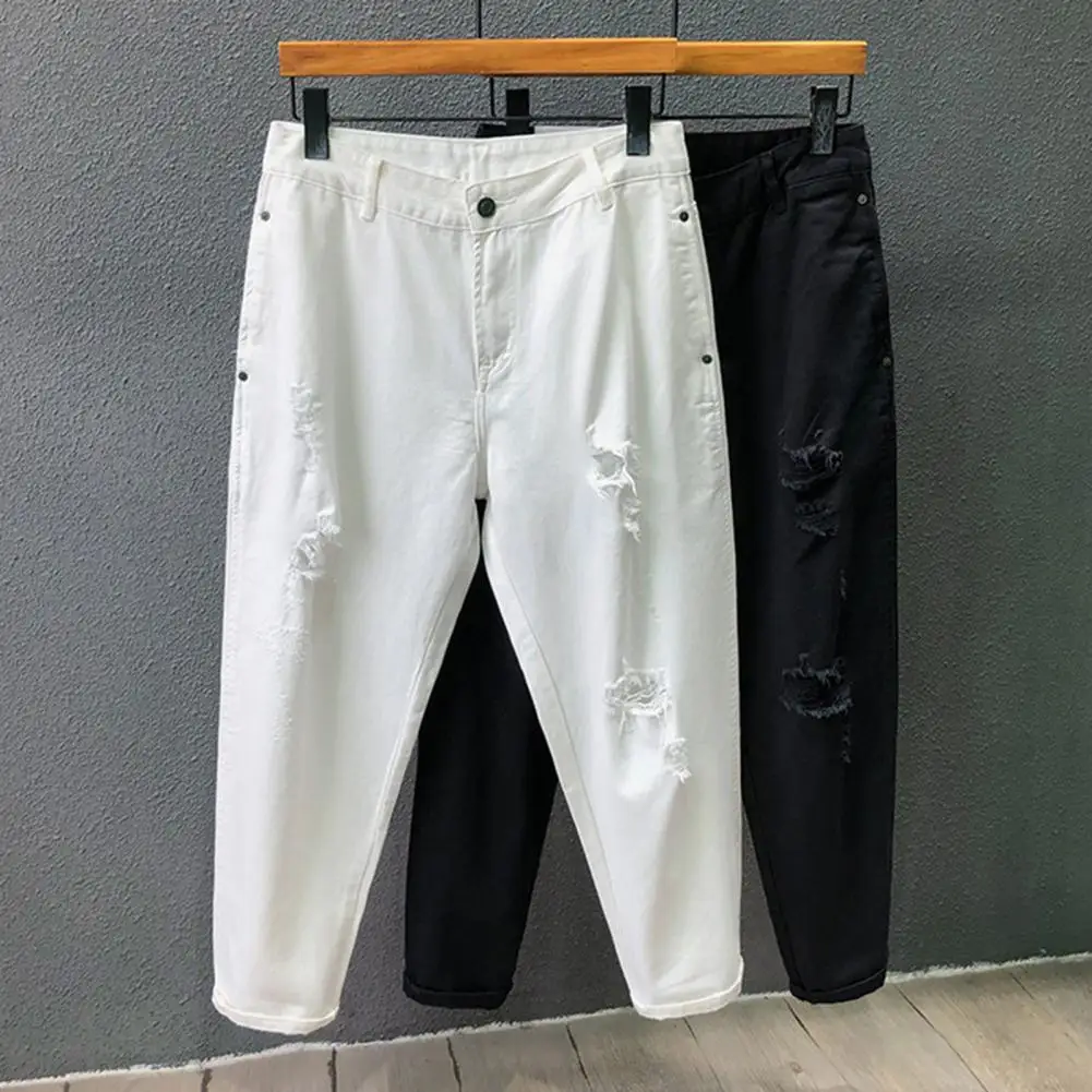 Men Streetwear Straight Leg Pants Stylish Men's Denim Pants Mid-rise Ripped Holes Design Straight Legged All-match for 3