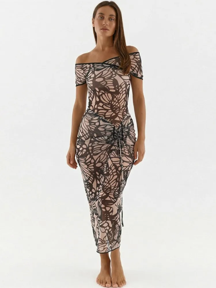 

Летние пляжные накидки для женщин: короткие рукава, новинка 2026 года, с принтом, для отпуска, сетчатые макси-платья-накидки