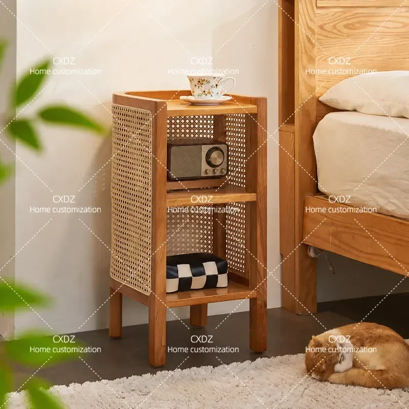 Solid Wood Rattan Bedside Table Nordic Small Side Cabinet Simple Wabi Style Sofa Side Storage Cabinet New Model