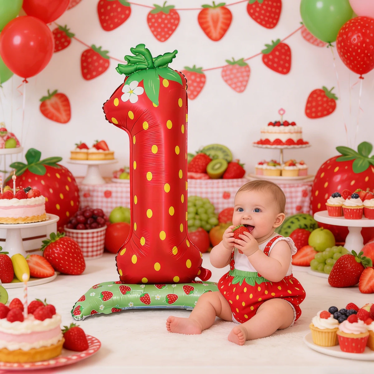 1 Stück Roter Rosa Erdbeer-Ballon zum 1. Geburtstag, 42 Zoll Groß, für Kinder-Geburtstagsfeier mit Frucht-Thema – Detail 4