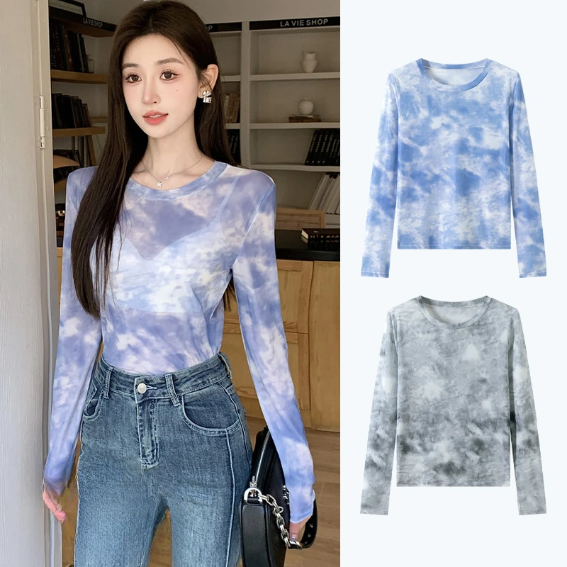 Floral Print Sheer Mesh Long Sleeve Shirt for Women Sexy Sun Protection Casual Loose Blouse round Neck Summer Beach Cover Top