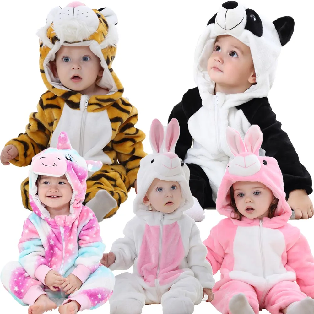 Kigurumi Baby Rompers for Boys Girls Winter 0 to 3 6 9 12 18 24 Months Warm Tiger Panda Unicorn Toddler Jumpsuit Zipper Overalls