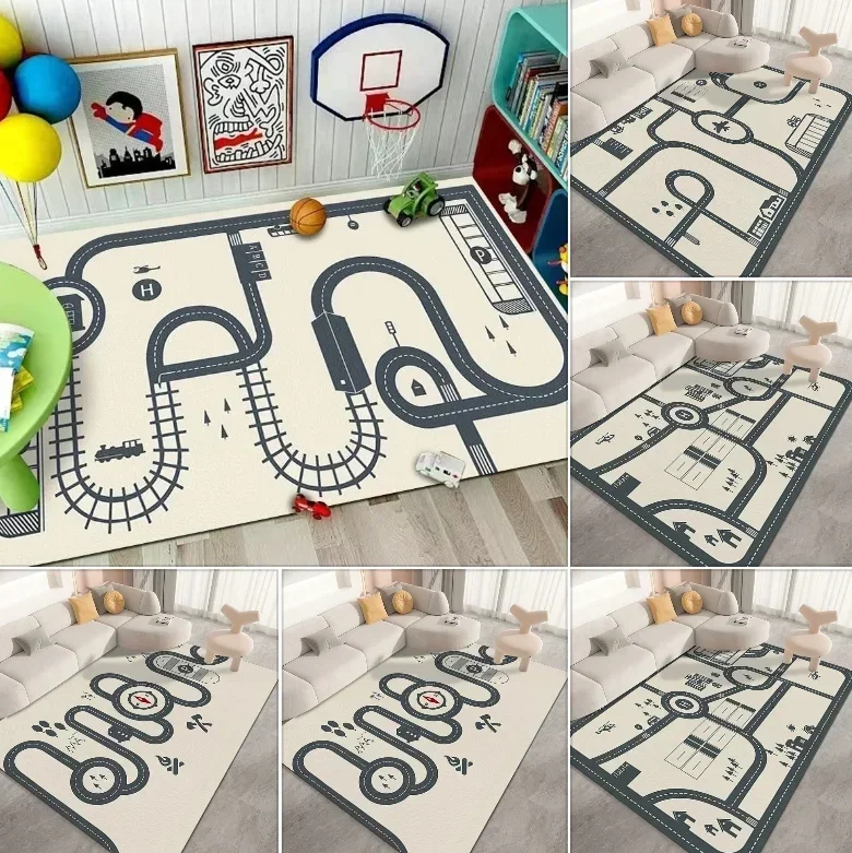 Cartoon Traffic Rug Early Learning Crawling Mat for Kids Wear-Resistant Non-Slip Floor Mat Easy To Clean Retro Home Decoration