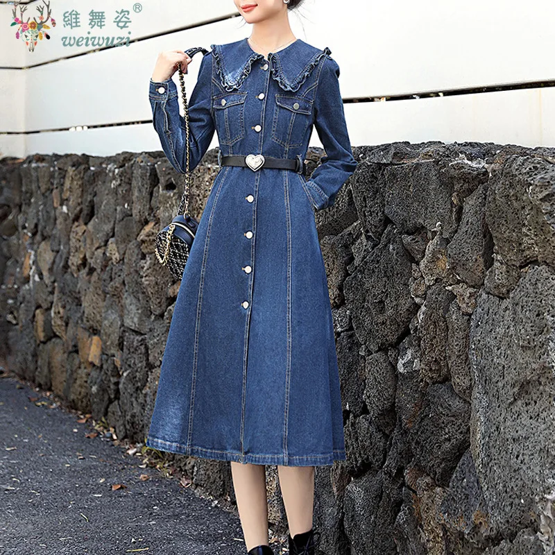 Robe en Jean élégante pour femmes, automne hiver, France, col Peter Pan, ceinture en cœur, Slim, mode dame, tenues décontractées, nouvelle collection