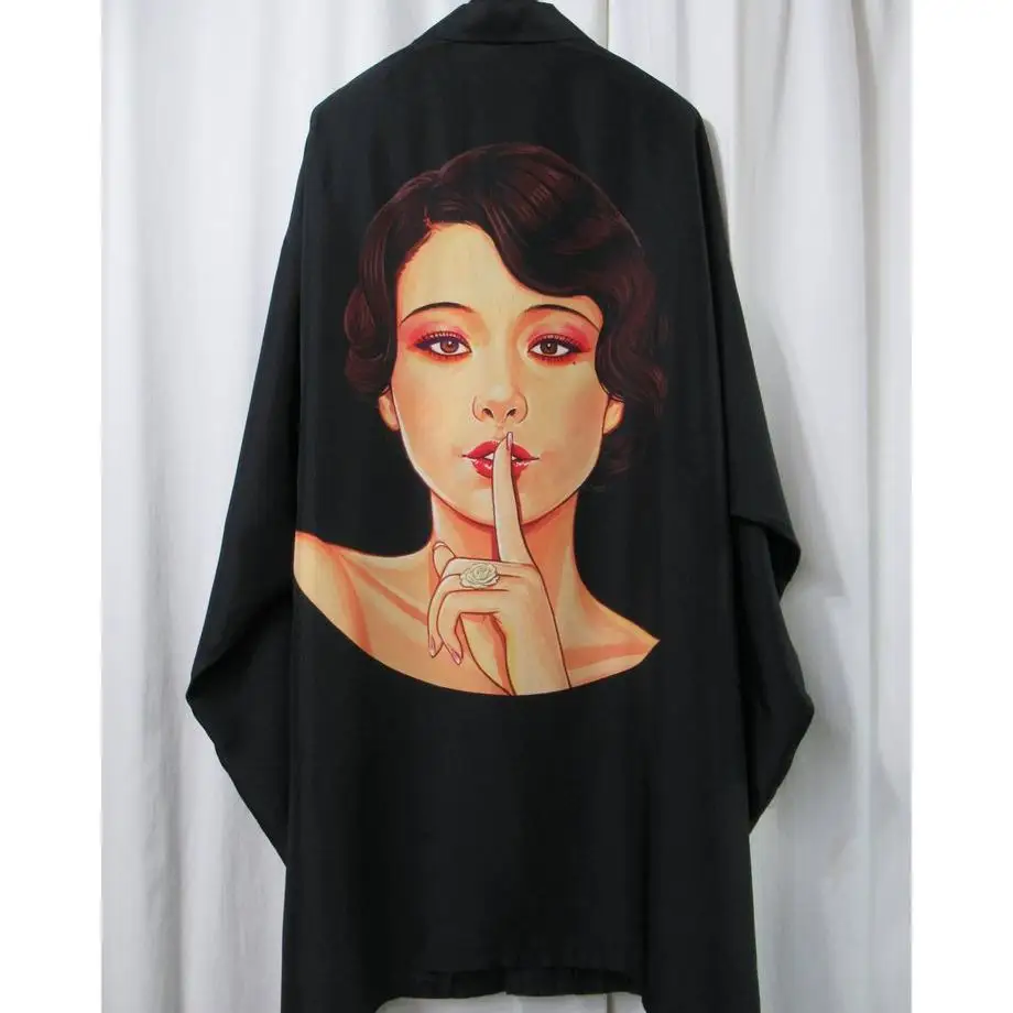 TOP-YAMAMOTO ® Showa Beauty Portrait Silk Printed Shirt for men and women, loose silhouette, retro art