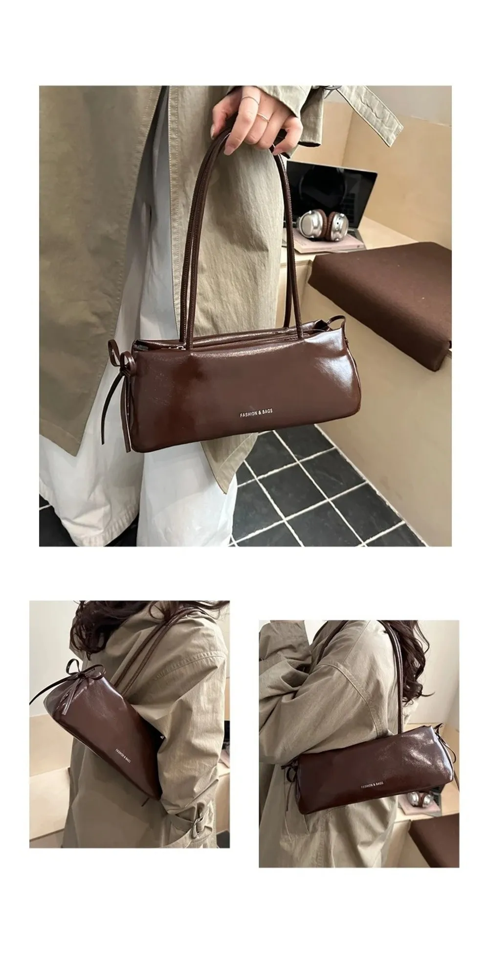 Vintage Einfarbige Damenhandtasche aus Weichem PU-Leder mit Knoten Schultertasche Unterarmtasche – Detail 10