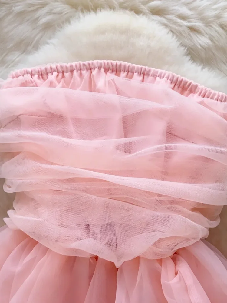 Topenomi Pink Mesh Strapless Princess Birthday Dress Sweet Sleeveless Waist Fluffy Fairy A Line Mini Dresses Slim Party Vestidos