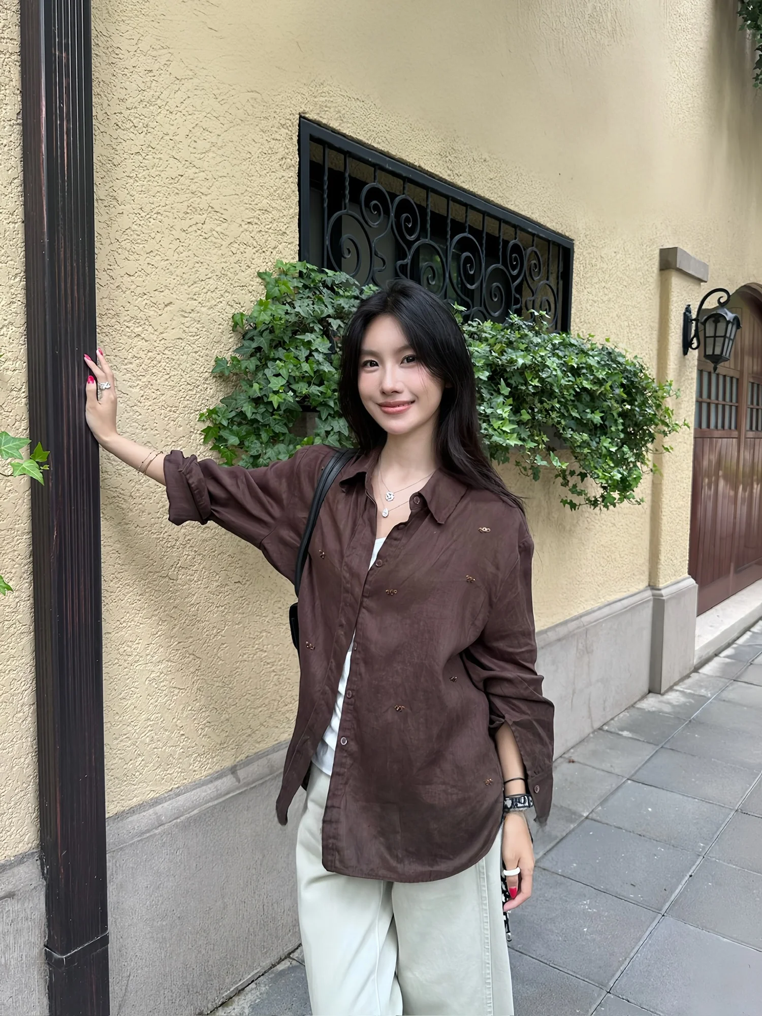 

Handmade Beaded iny Gold 0O Silk Linen irt Amber Color Loose Fit Breathable Summer Women's irt Button Closure