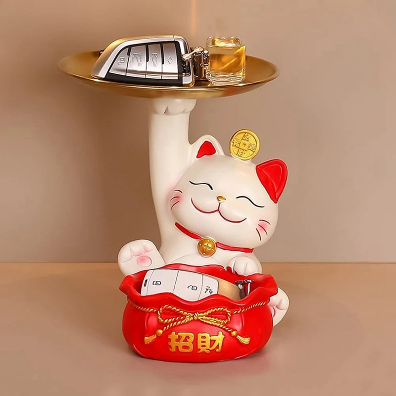 Fortune Cat Statue, Creatives Cute Fortune Cat Tray, Resin Fortune Cat Statue With Dish, Fortune Cat Key Storage Tray Durable B