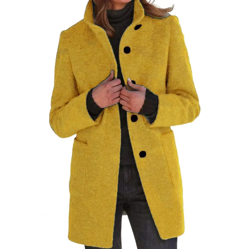 Autumn Winter Women Jacket Single-breasted Long Sleeves Loose Coat Pockets Mid Length Commuting Overcoat