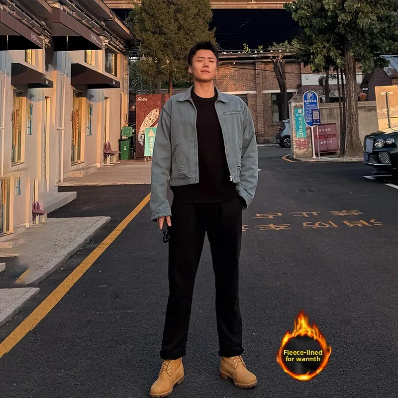 

Bla Fce Lined Straight Leg Jeans Men's Autumn Winter Tall Slimming High Street Flared Bootcut Pants Youth Faion