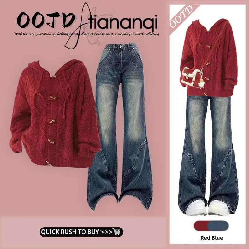 

Retro Button-Up Soft Knitted Hat Sweater Coat Women's Autumn Winter New Sle Retro Flared Jeans Set Long Sve Hooded Knitwear