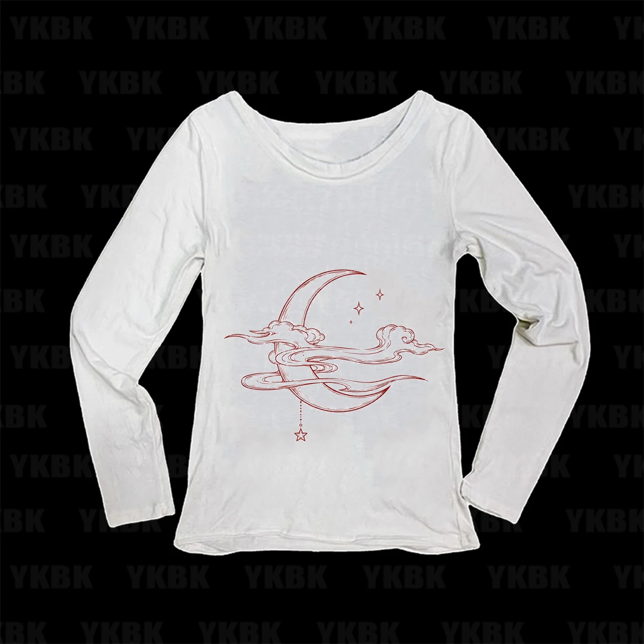 Crescent Moon Cloud Star Aesthetic Line Art Print Women Long Sleeve T‑Shirt Slim Fit Kawaii Ladies Tops