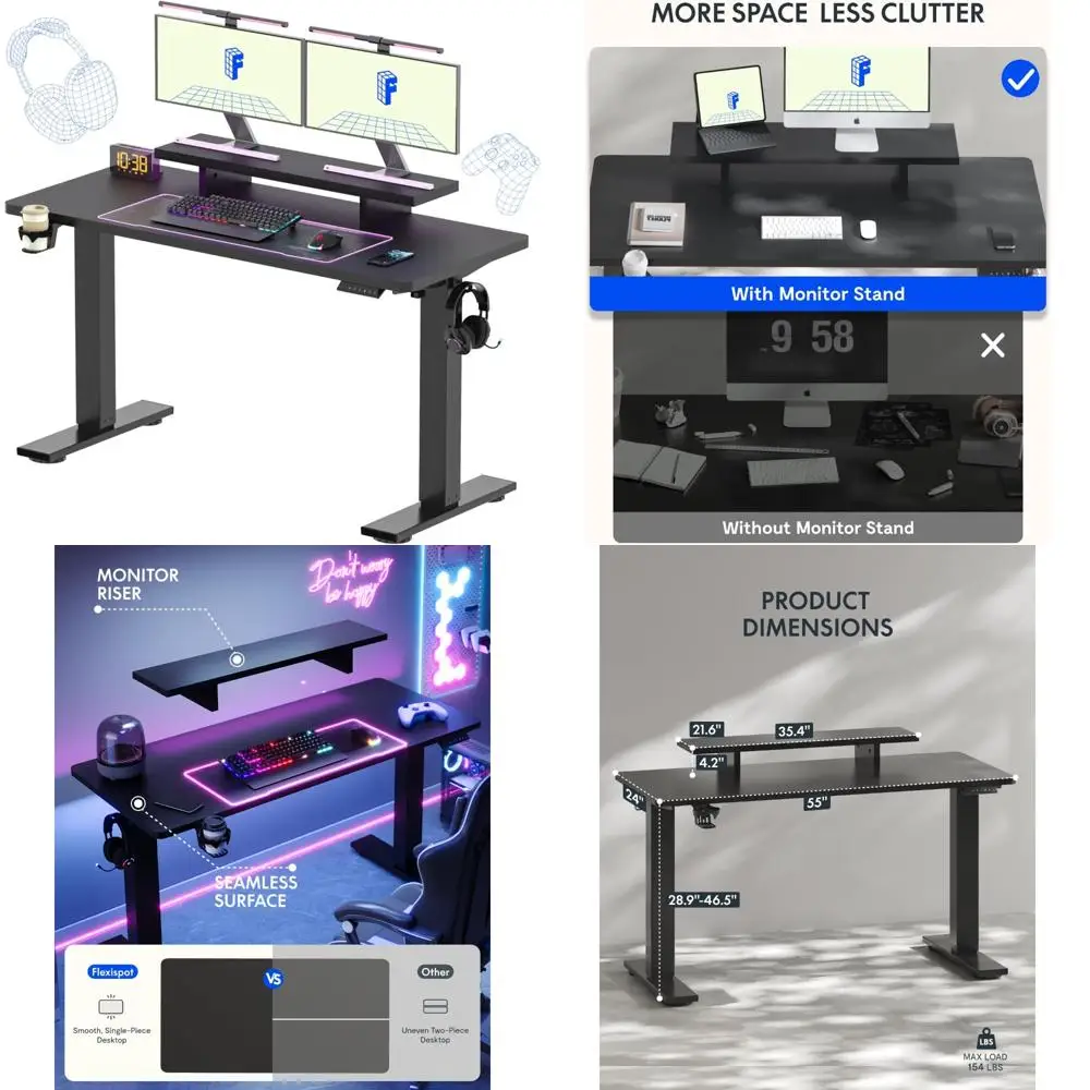 

Electric Height Adjustable Desk, 55 x 24, One-Piece, Monitor Stand, Cup Holder