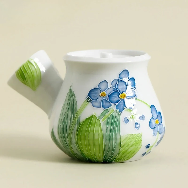 

130ml Hand-painted Forget-me-not Side Handle Teapot Aesthetic Tea Infuser Pot Tea Brewing Kettle With Ball Hole Tea Items Craft